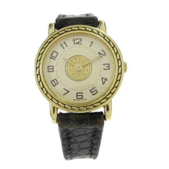 Hermes Serie Quartz Wristwatch Watch Black Gold K18 Yellow Gold ◯T 75774 - Picture 1 of 9